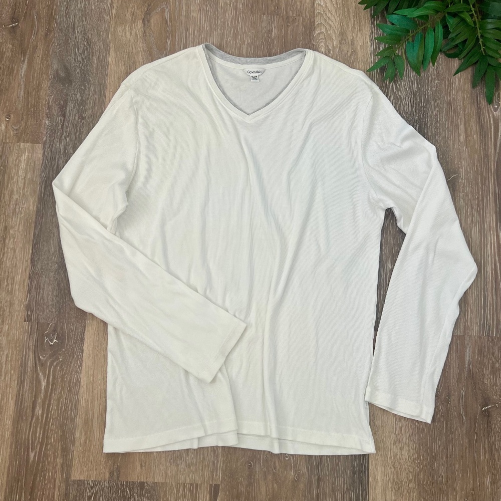 Calvin Klein White Ribbed Cotton Pullover V-Neck Sweater
